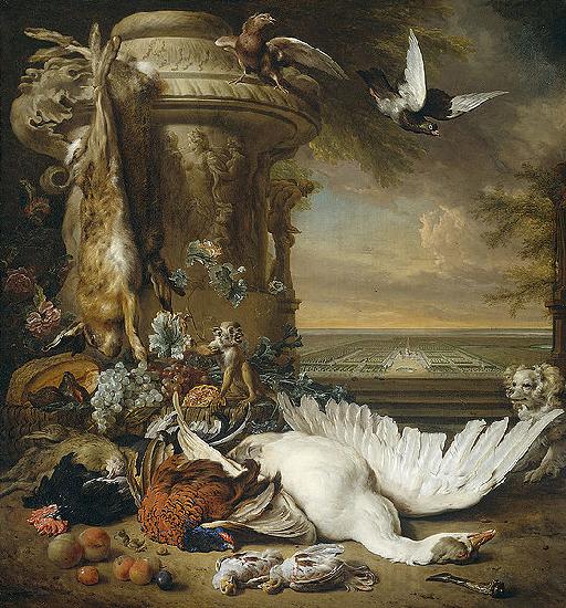 Jan Weenix Een aap en een hond bij dood wild Spain oil painting art